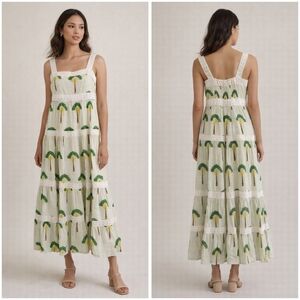 Calypso St. Barth, Cream Maxi Dress with Green Palm Motif, NWT